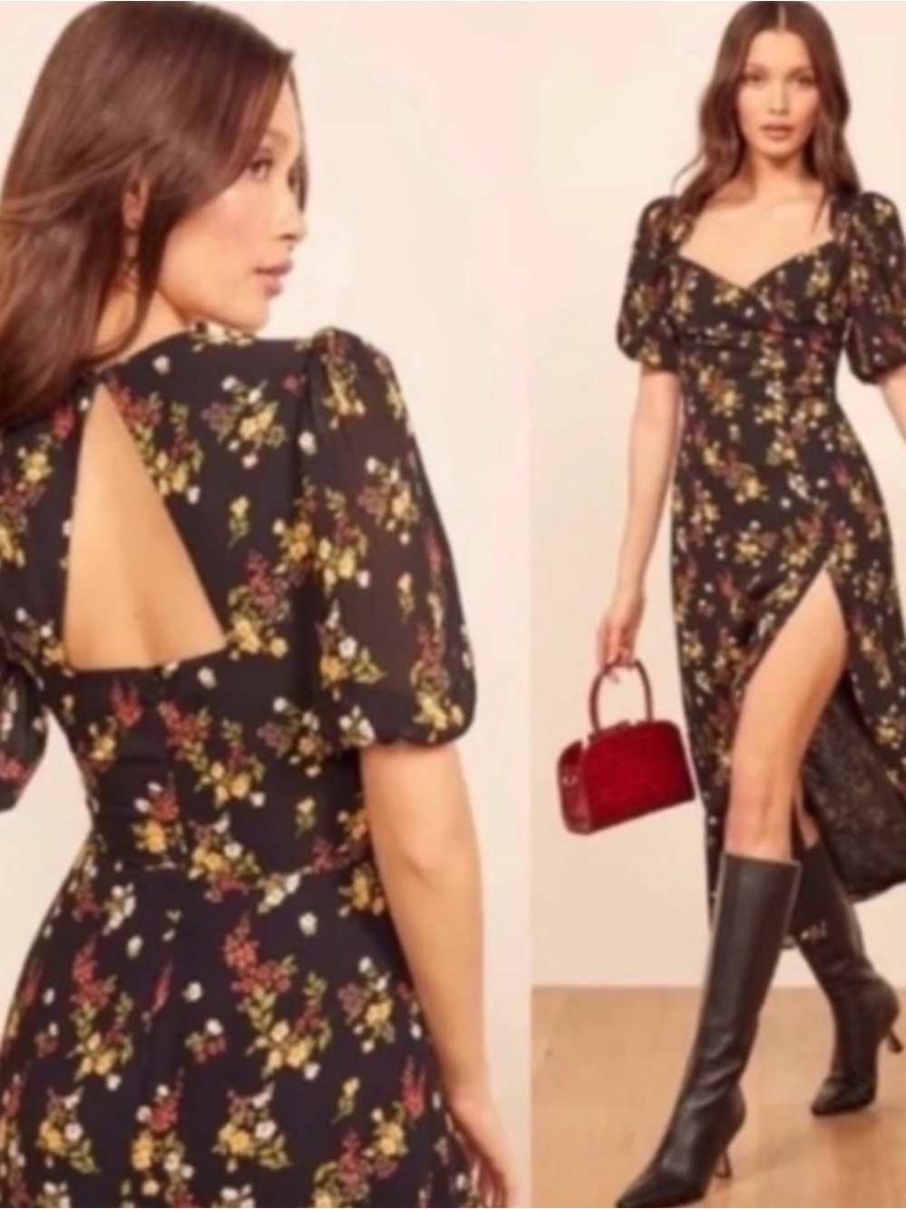 Reformation Black Floral Backless
Dress -
Vionette Midi Dress in Wildflower